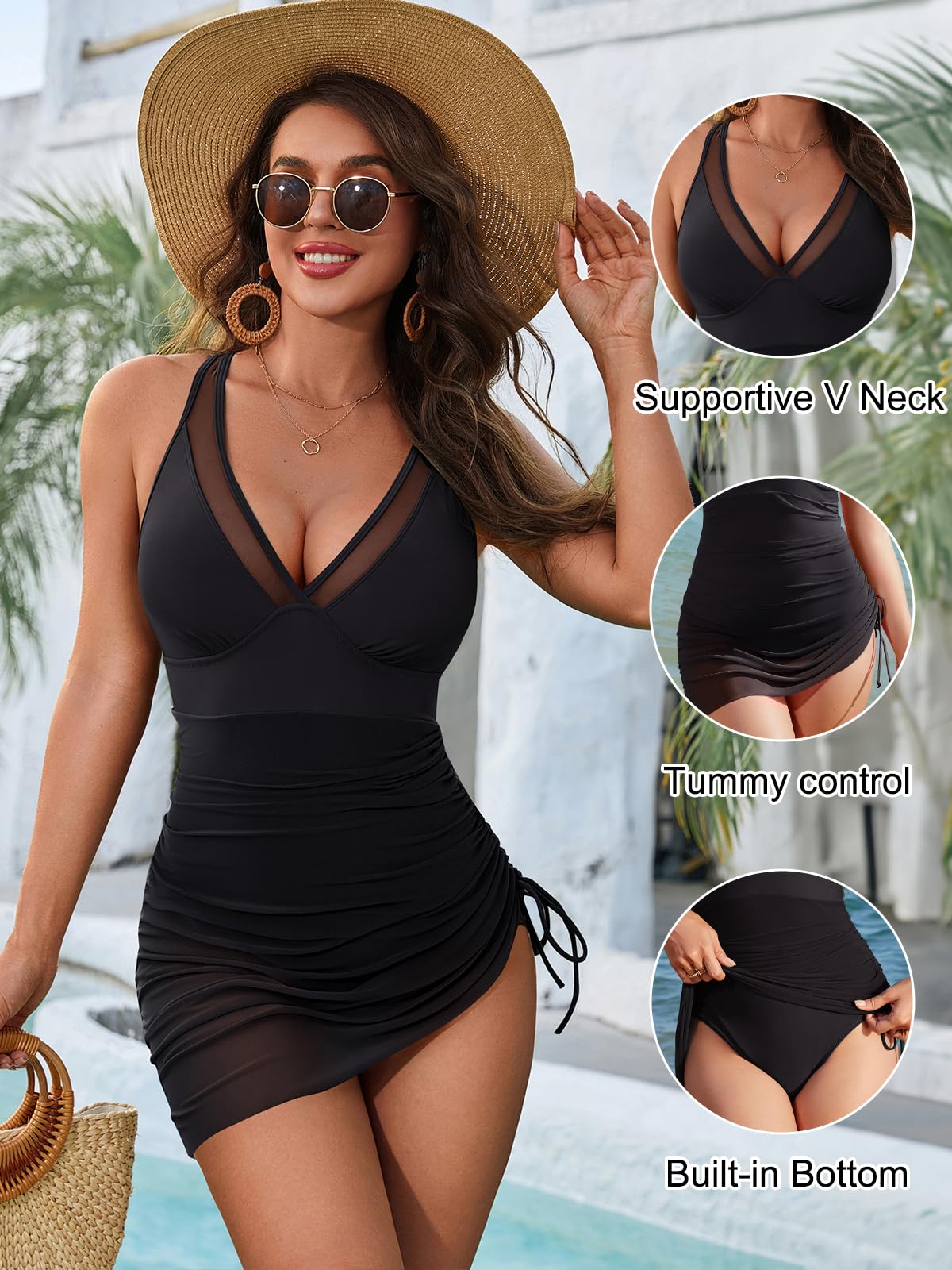 Women's One Piece Swimsuit Tummy Control Swim Dress Modest Bathing Suit Mesh Sarong Wraps Swim Suits