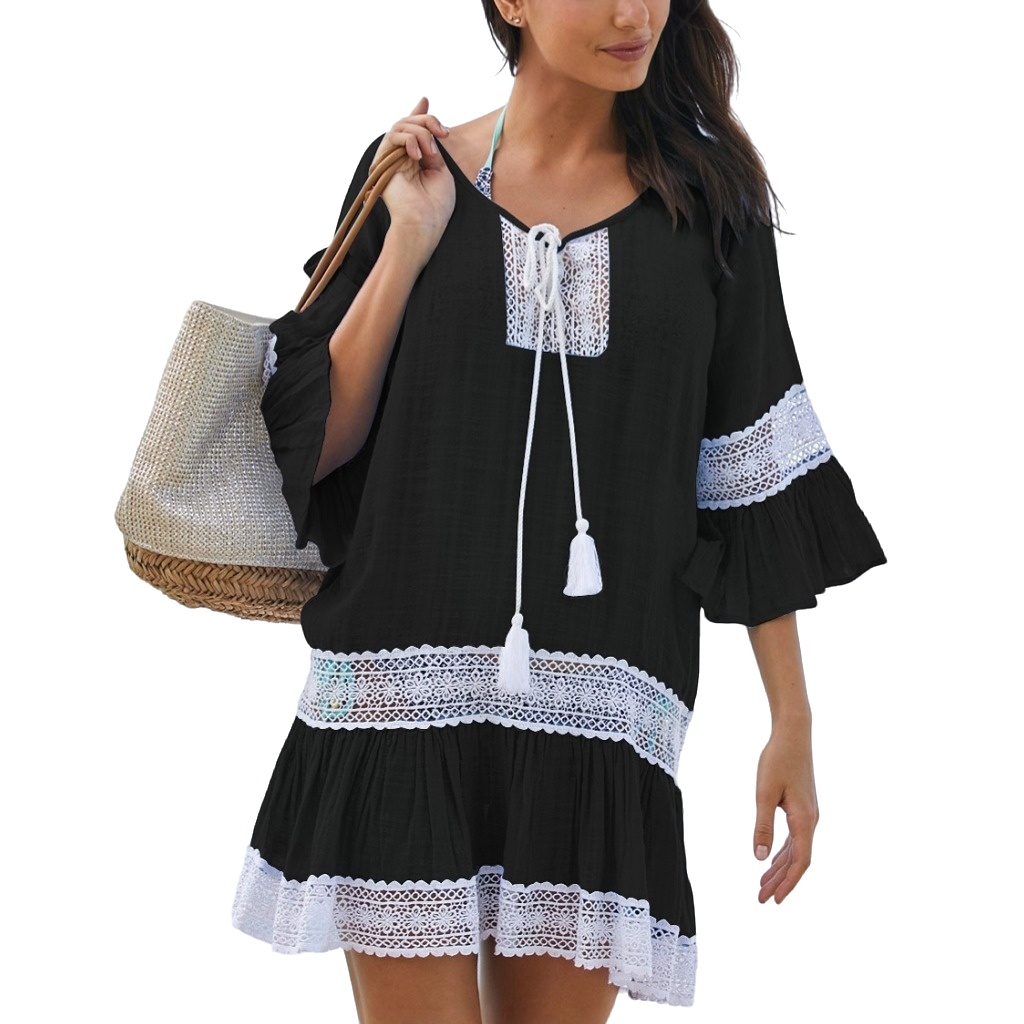 Women's Cover Up Short Sleeve Bathing Suit Cover Ups Crew Neck Tie Beach Coverup Dress