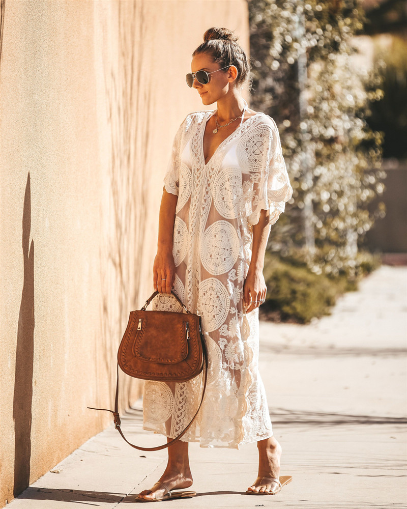 Womens Swimsuit Coverup Lace Crochet V Neck Bathing Suit Cover Up Dress Beach Cover Ups for Swimwear