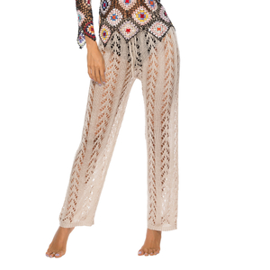 Womens Crochet Cover Up Pants Striped High Waisted Sexy Sheer Mesh Knit Summer Beach Swimsuit Coverup Pants