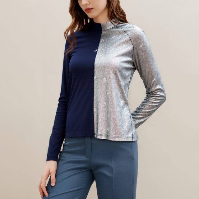 Women's Casual T Shirt Mock Neck Long Sleeve Solid Two Colors Slim Fit Tee Shirt