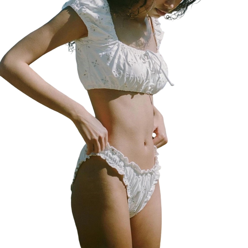 Women Triangle Bathing Suit High Cut Bikini Tops Sexy 2 Piece Swimsuit Puff Sleeve Low-waist Bikini Set