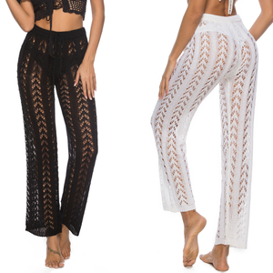 Womens Crochet Cover Up Pants Sheer Mesh High Waist Sexy Casual Knit Summer Swimsuit Coverup Beach Pants