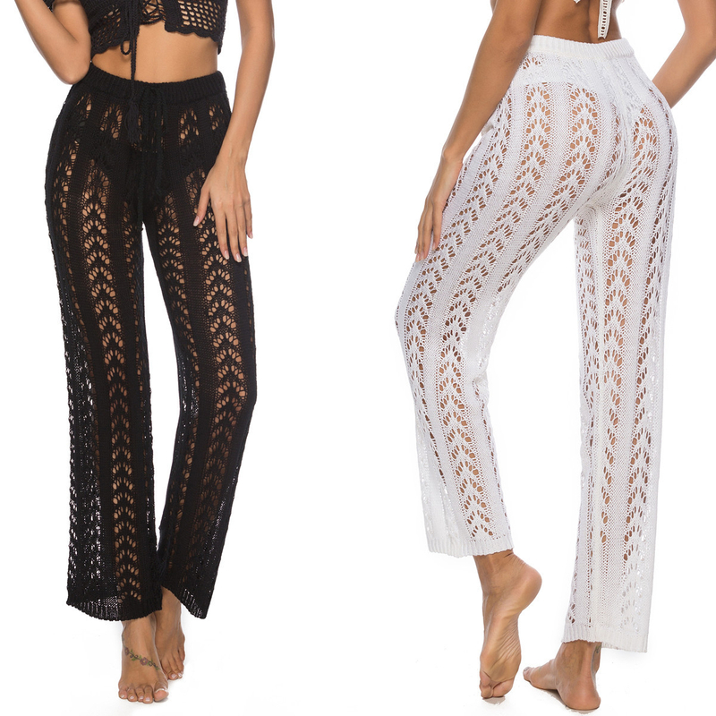 Womens Crochet Cover Up Pants Sheer Mesh High Waist Sexy Casual Knit Summer Swimsuit Coverup Beach Pants