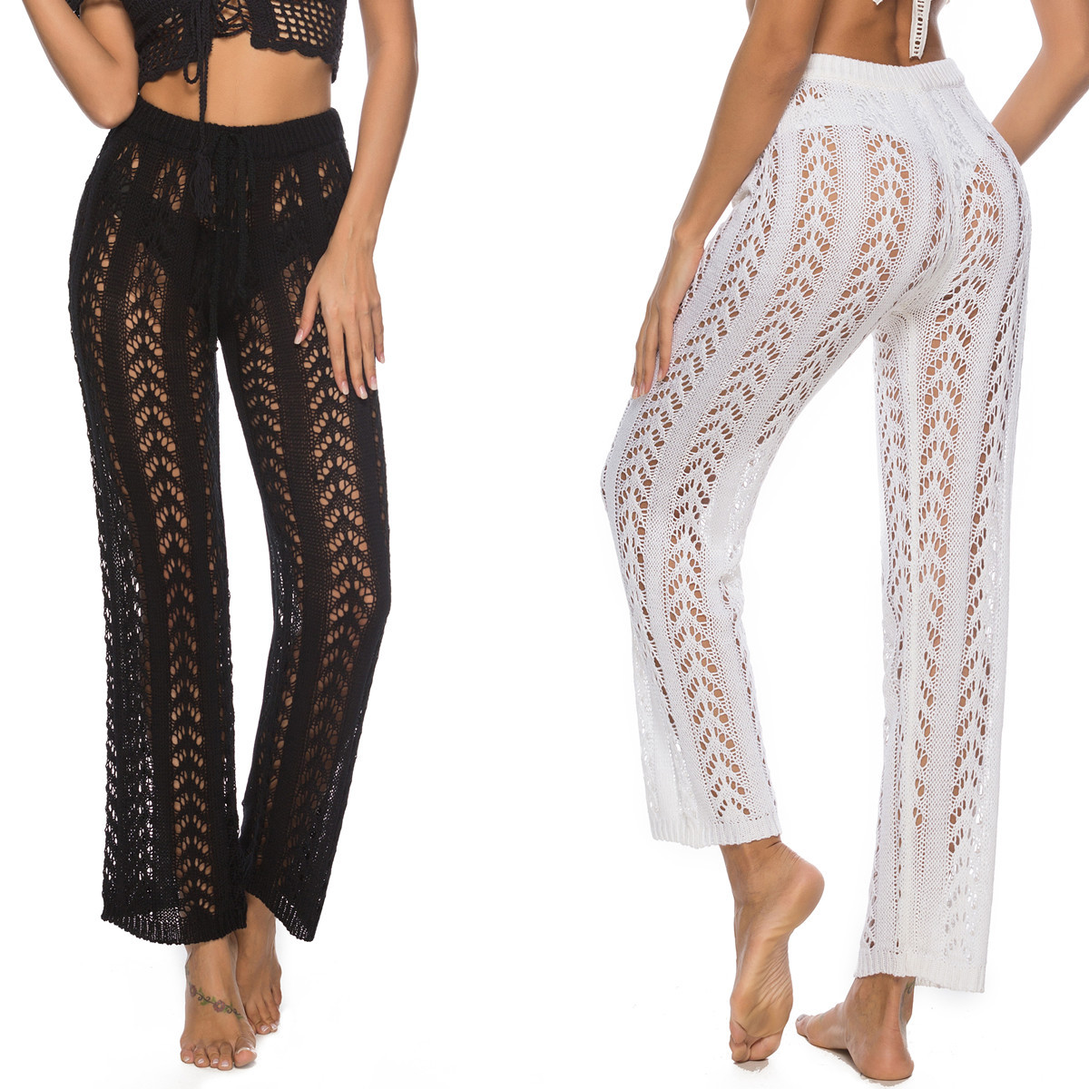 Womens Crochet Cover Up Pants Sheer Mesh High Waist Sexy Casual Knit Summer Swimsuit Coverup Beach Pants