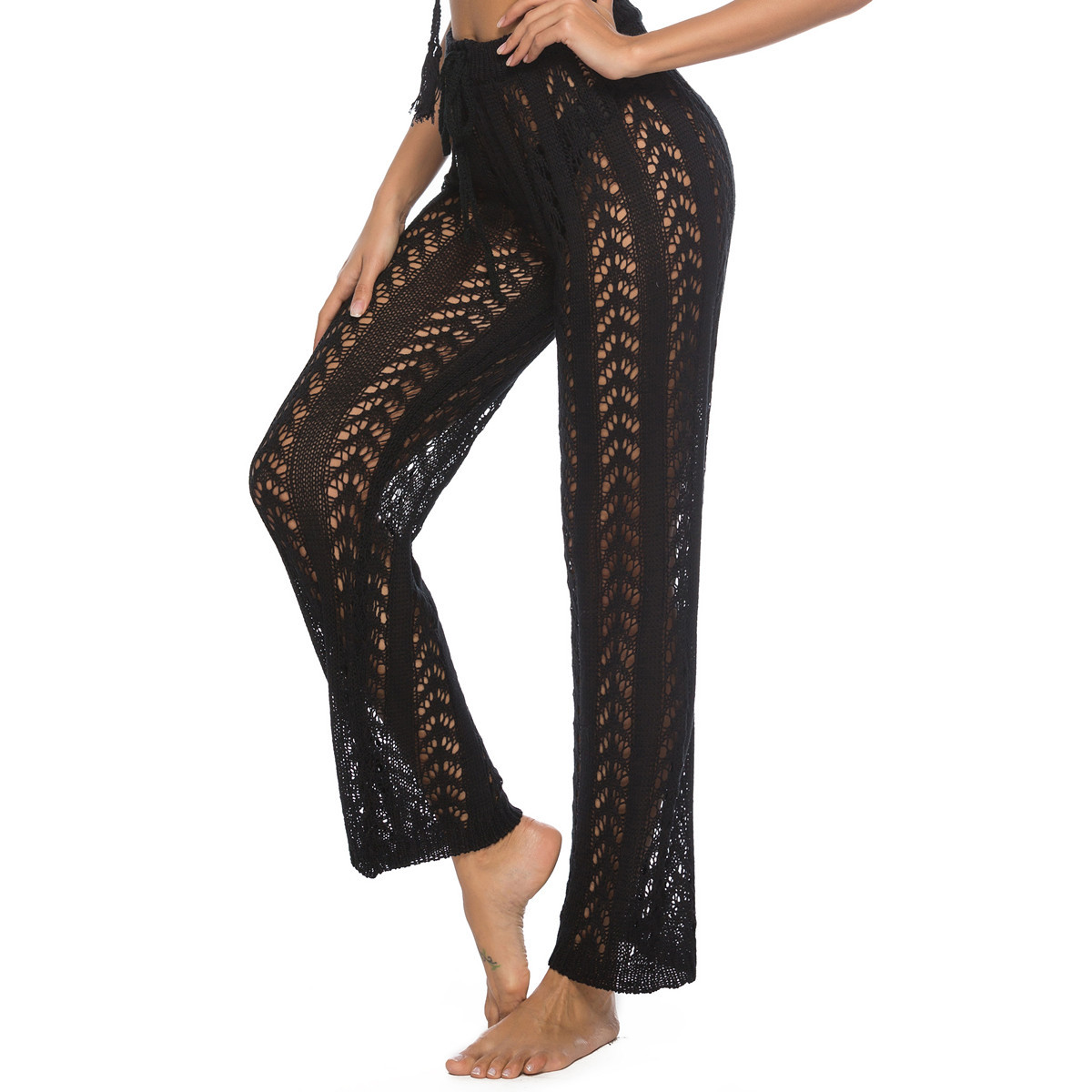 Womens Crochet Cover Up Pants Striped High Waisted Sexy Sheer Mesh Knit Summer Beach Swimsuit Coverup Pants