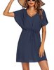 Womens Swimsuit Coverup Short Sleeve Beach Cover Up Dress V Neck Bikini Beachwear