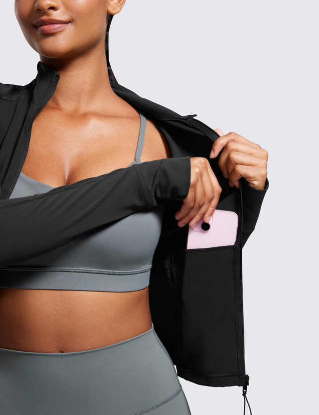 Womens Cropped Slim Fit Workout Jacket Weightless Track Athletic Full Zip Up Tops with Thumb Holes