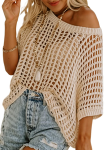 Womens Summer Scoop Neck Short Sleeve Sweater Casual Crochet Hollow Out Knit Tops Pullover Shirts Beach Coverup