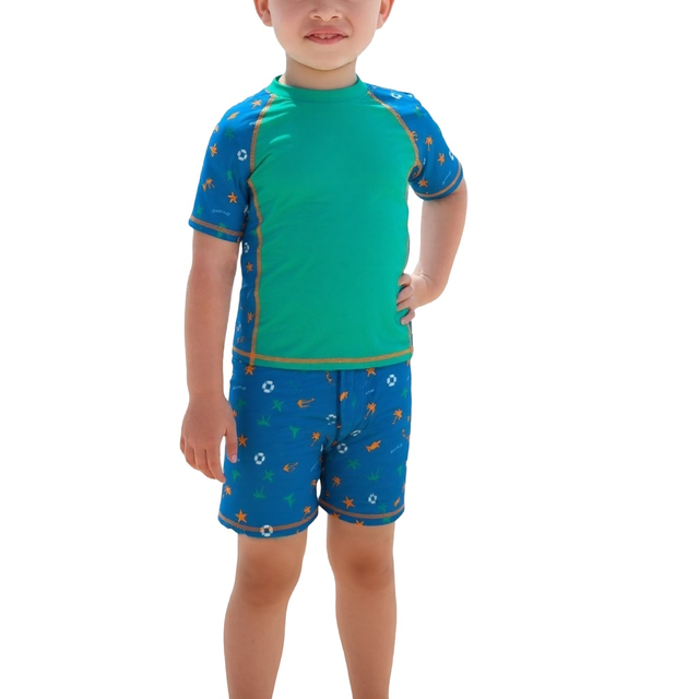 UPF 50+ Sun protection Kids Short Sleeve Sunsuit Swimwear Boys Two Piece Rash-Guard-Sets Swim Trunks Outfit Set