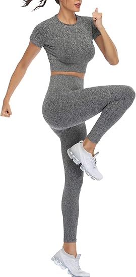 2 Piece Short Sleeve Outfits for Women Seamless Crop Tops Set for Women Workout Set