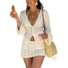 Women 2 Piece Swimsuit Crochet Hollow Out Swim Cover Up Bikini Swimwear Knit Mesh Tunic Beach Dress with Mini Skirt