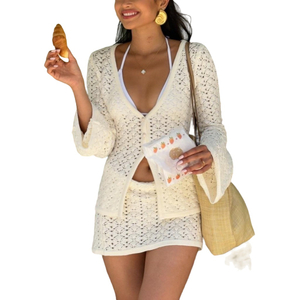 Women 2 Piece Swimsuit Crochet Hollow Out Swim Cover Up Bikini Swimwear Knit Mesh Tunic Beach Dress with Mini Skirt