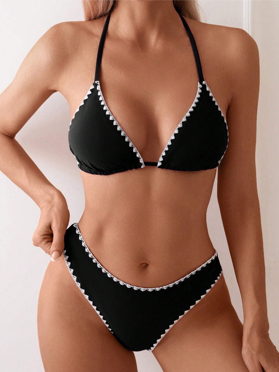 Bikini Set for Women Solid V Neck Knot Front Push Up High Leg Thong Two Piece Swimsuit