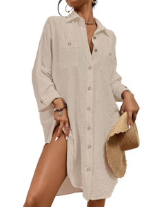 Womens Modern Swimsuit Cover Up Blouse Button Down Shirt Dresses Tops