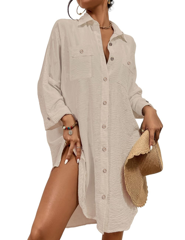 Womens Modern Swimsuit Cover Up Blouse Button Down Shirt Dresses Tops