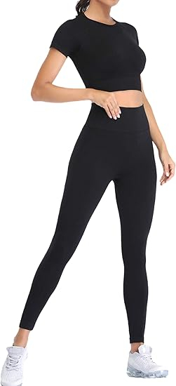 2 Piece Short Sleeve Outfits for Women Seamless Crop Tops Set for Women Workout Set