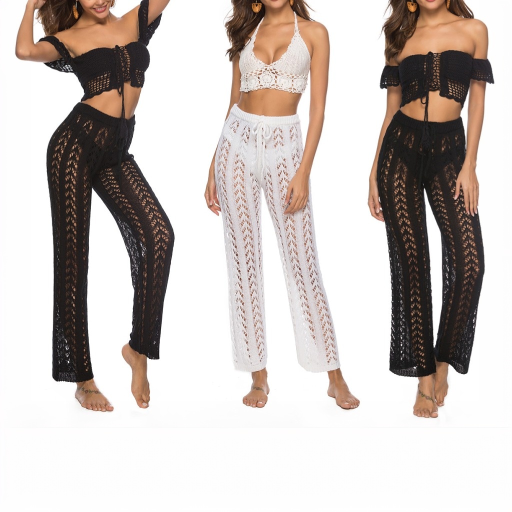 Womens Crochet Cover Up Pants Sheer Mesh High Waist Sexy Casual Knit Summer Swimsuit Coverup Beach Pants
