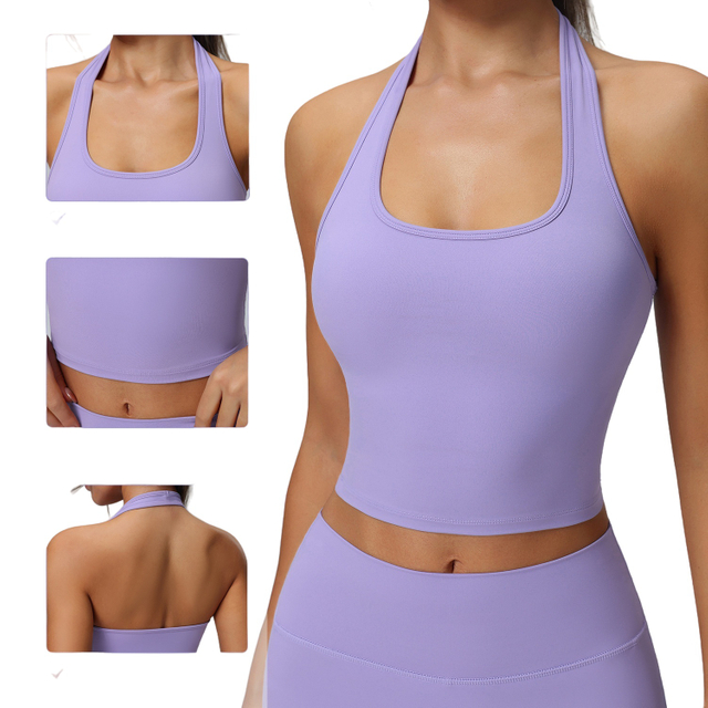 Womens Halter Built in Bra Workout Sports Tank Tops Summer Trendy Backless Going Out Clothing Crop Tank Tops with Removable Pads