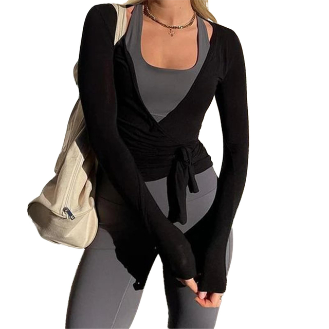 Womens Ballet Wrap Top Long Sleeve Tie Front Workout Cover Up Pilates Yoga Tops Y2k Fairy Coquette Shirt Going Out