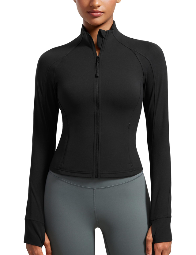 Womens Cropped Slim Fit Workout Jacket Weightless Track Athletic Full Zip Up Tops with Thumb Holes