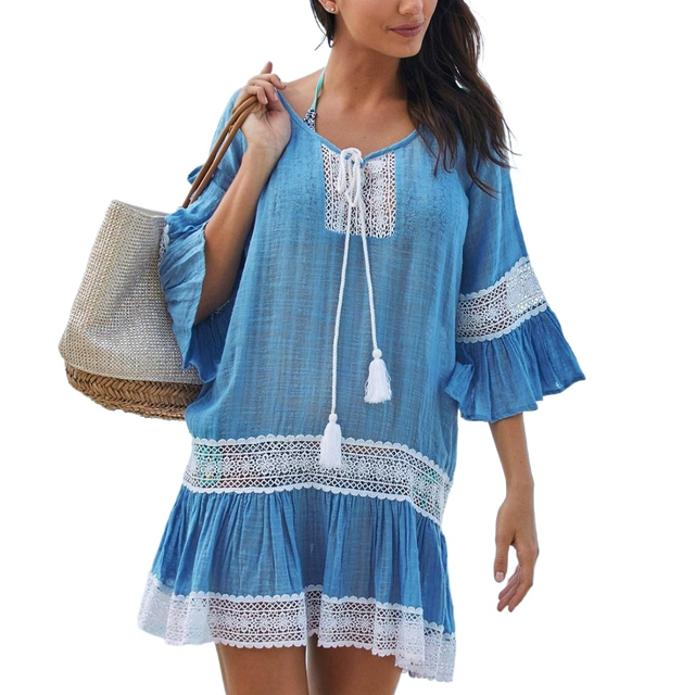 Women's Cover Up Short Sleeve Bathing Suit Cover Ups Crew Neck Tie Beach Coverup Dress