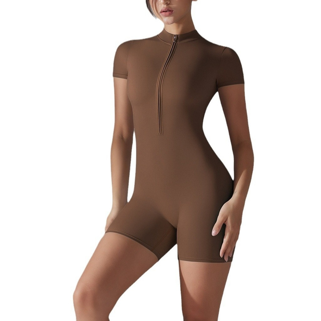 Summer Zipper Short Sleeve Shorts Yoga Jumpsuit for Women Dance Fitness Tight Sports Jumpsuit