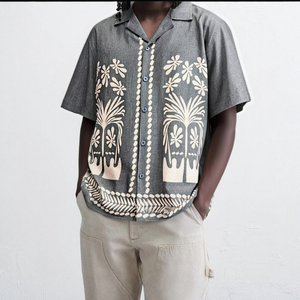 Botanical Print Grey Short-sleeved Casual Shirt