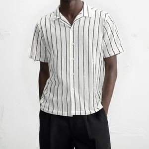 Men's Striped Cuban Collar Shirt Texture Casual Beach Vacation Shirts