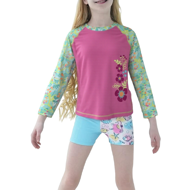 Girls Swimsuit Two Piece Rash Guard Set for 4-14 Years UPF 50+ UV Protective Long Sleeve Swimwear