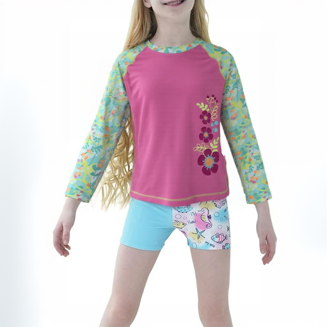 Girls Swimsuit Two Piece Rash Guard Set for 4-14 Years UPF 50+ UV Protective Long Sleeve Swimwear