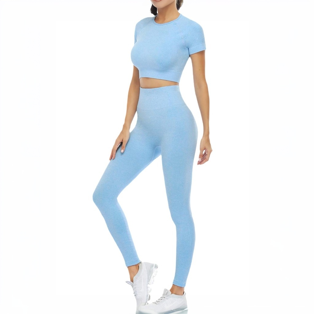 2 Piece Short Sleeve Outfits for Women Seamless Crop Tops Set for Women Workout Set
