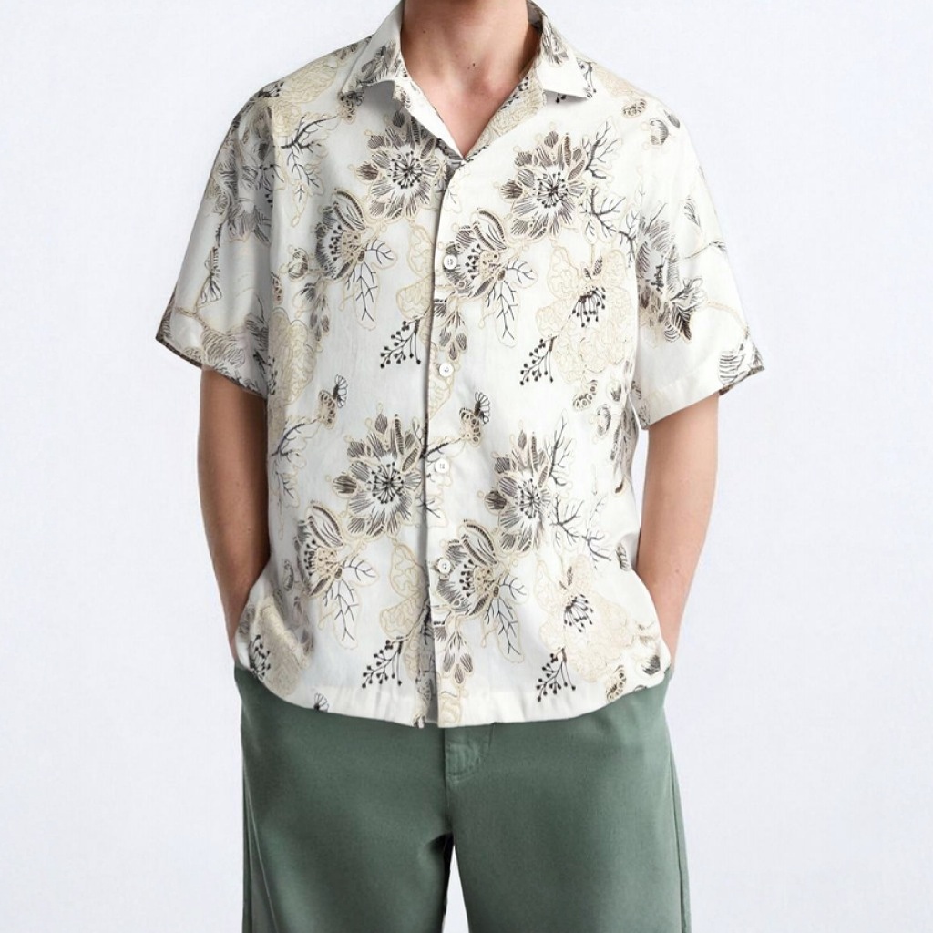 ‌Vintage Moda Hawaii Flower Corridor Day Palms Short-Sleeve Tropical Botanical Shirt