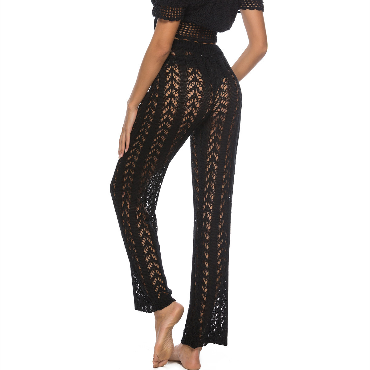 Womens Crochet Cover Up Pants Sheer Mesh High Waist Sexy Casual Knit Summer Swimsuit Coverup Beach Pants