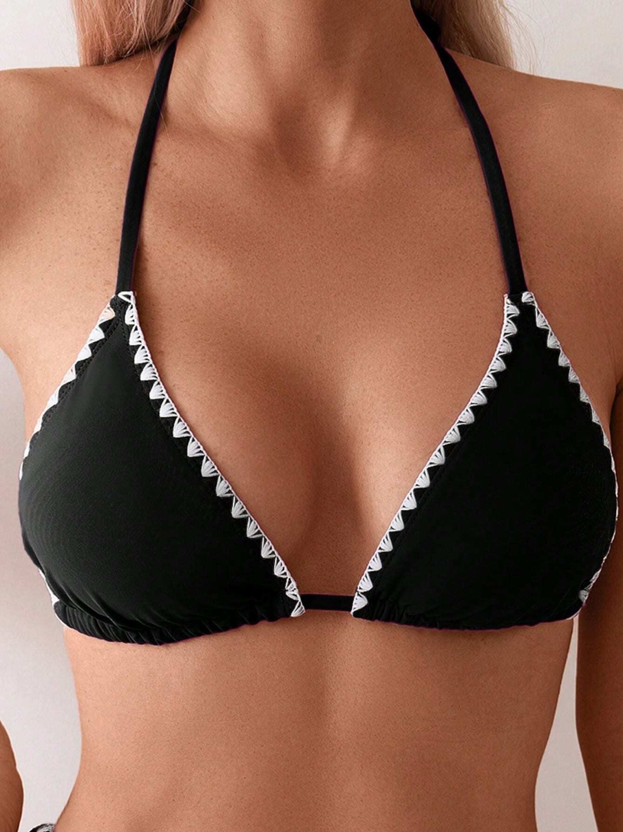 Bikini Set for Women Solid V Neck Knot Front Push Up High Leg Thong Two Piece Swimsuit