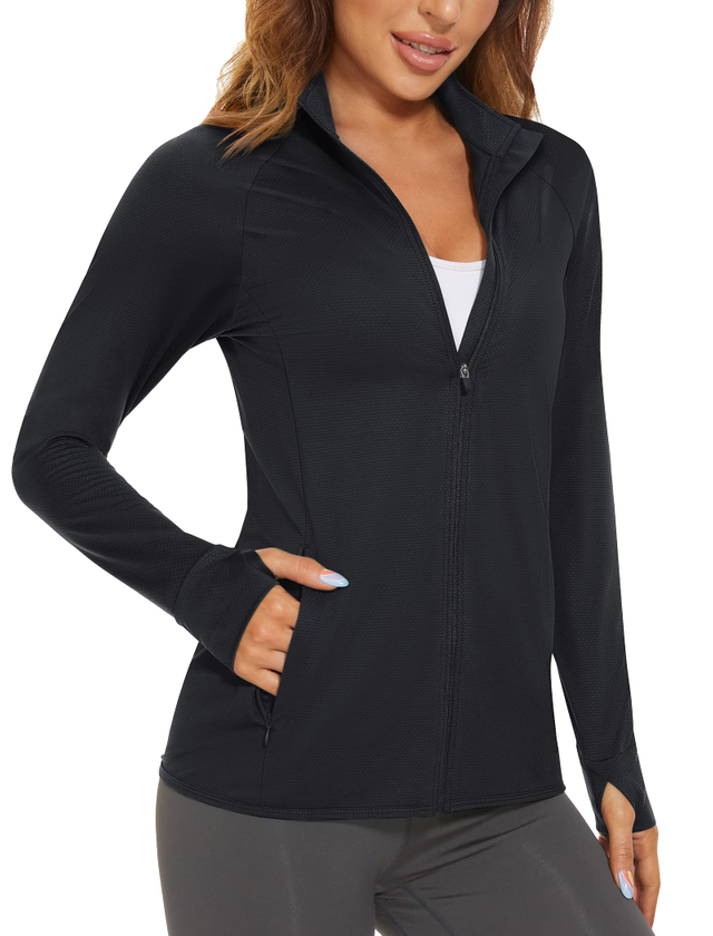 Women's UPF 50+ Lightweight Athletic Jacket Sun Protection Full Zip Long Sleeve Shirts Hiking Outdoor Pockets