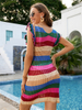 Swimsuit Coverup for Women Colorful Stripe Hollow Out Slit Crochet Cover Up Tank Dress Beach Bikini Cover Up Dresses