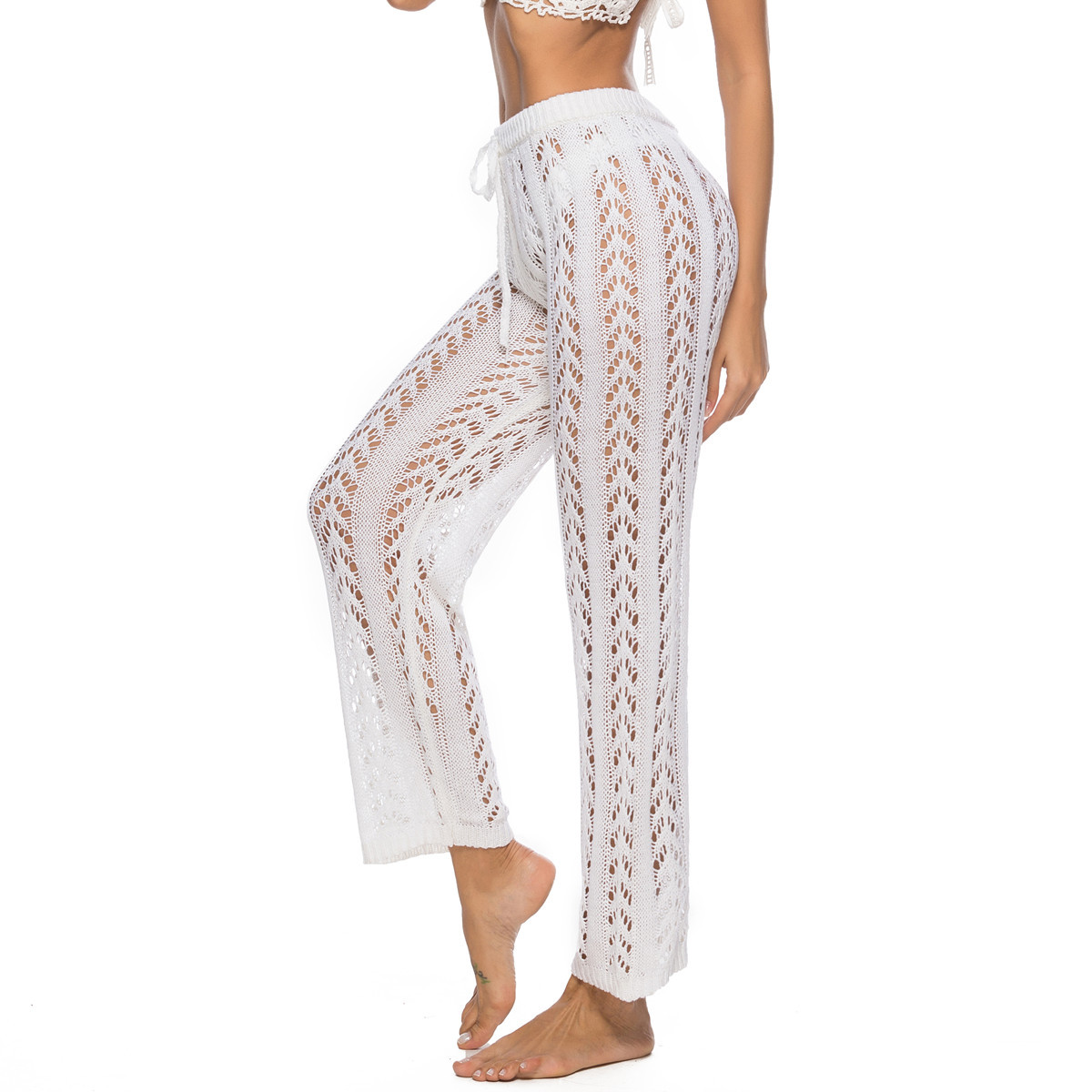 Womens Crochet Cover Up Pants Sheer Mesh High Waist Sexy Casual Knit Summer Swimsuit Coverup Beach Pants