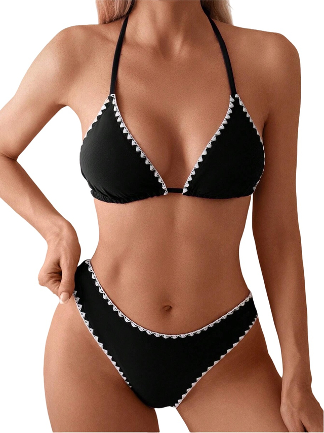 Bikini Set for Women Solid V Neck Knot Front Push Up High Leg Thong Two Piece Swimsuit