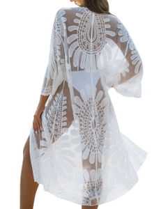 Womens Bathing Suit Cover Up 34 Sleeve Mesh Swimsuit Coverup Long Floral Beach Lace Kimono Summer Cardigan