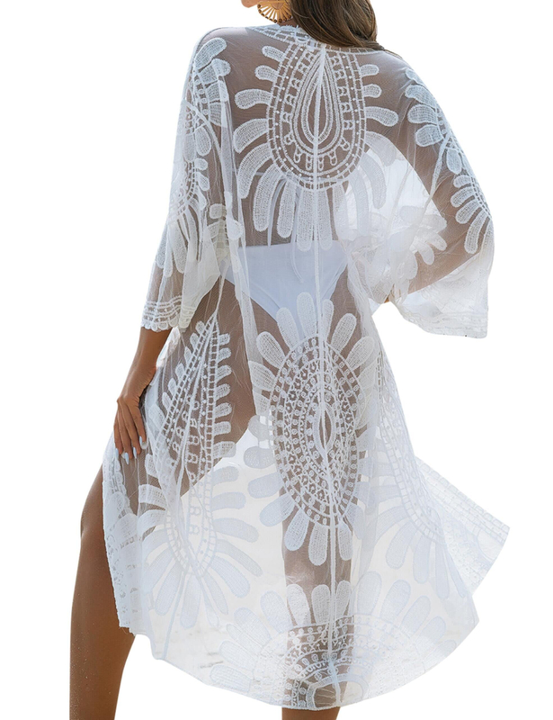 Womens Bathing Suit Cover Up 34 Sleeve Mesh Swimsuit Coverup Long Floral Beach Lace Kimono Summer Cardigan