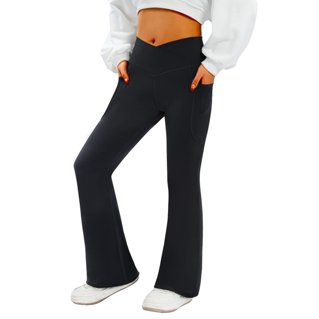 Women's Flare Yoga Pants with Pockets-V Crossover High Waisted Bootcut Yoga Leggings-Flare Workout Gym Leggings