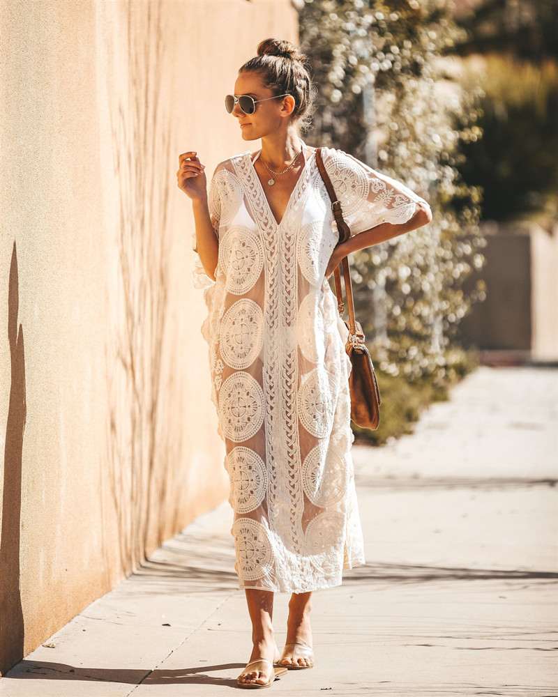 Womens Swimsuit Coverup Lace Crochet V Neck Bathing Suit Cover Up Dress Beach Cover Ups for Swimwear