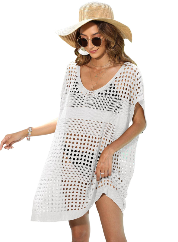 Women Swimsuit Crochet Swim Cover Up Summer Bathing Suit Swimwear Knit Short Sleeve Pullover 2025 Beach Dress