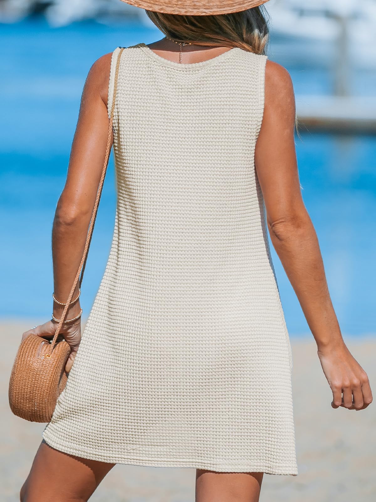 Women's Sleeveless Swimsuit Coverup Waffle Knit Swimwear Beach Cover Ups Twisted Mini Dress