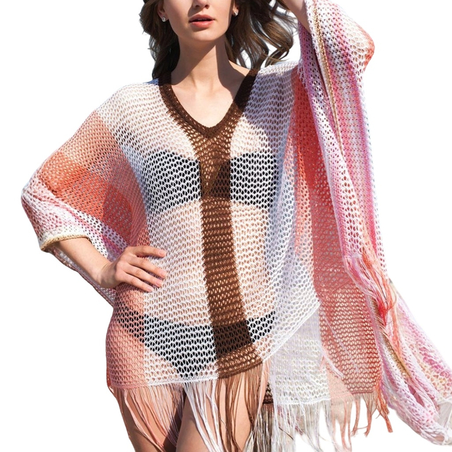 Women's Knitted Swimsuit Cover Up Hollow Out Swim Cover Up Loose Fit Dress Beachwear Coverup Dresses with Tassel