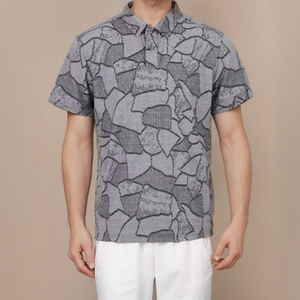 70s Geometric Print Shirts Grey All-Over Printed Button Down Casual Shirt