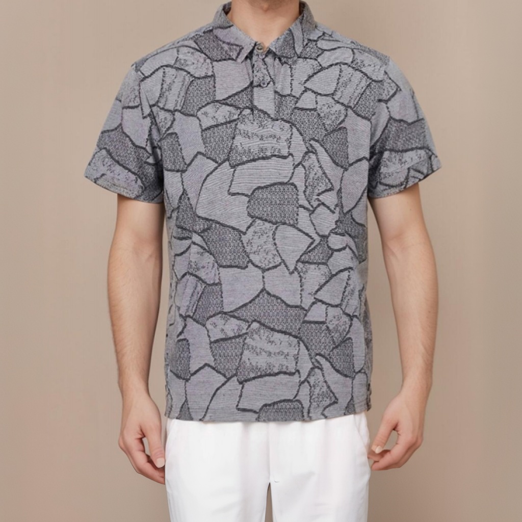 70s Geometric Print Shirts Grey All-Over Printed Button Down Casual Shirt