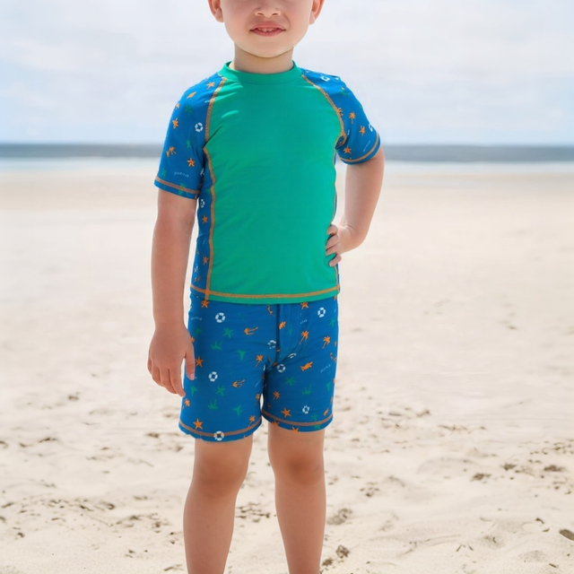 UPF 50+ Sun protection Kids Short Sleeve Sunsuit Swimwear Boys Two Piece Rash-Guard-Sets Swim Trunks Outfit Set