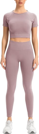 2 Piece Short Sleeve Outfits for Women Seamless Crop Tops Set for Women Workout Set